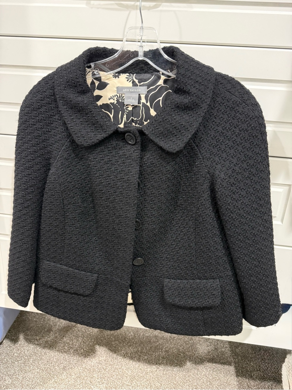 Ann Taylor Black Textured Pea Coat with Rounded Collar with 3/4 sleeves